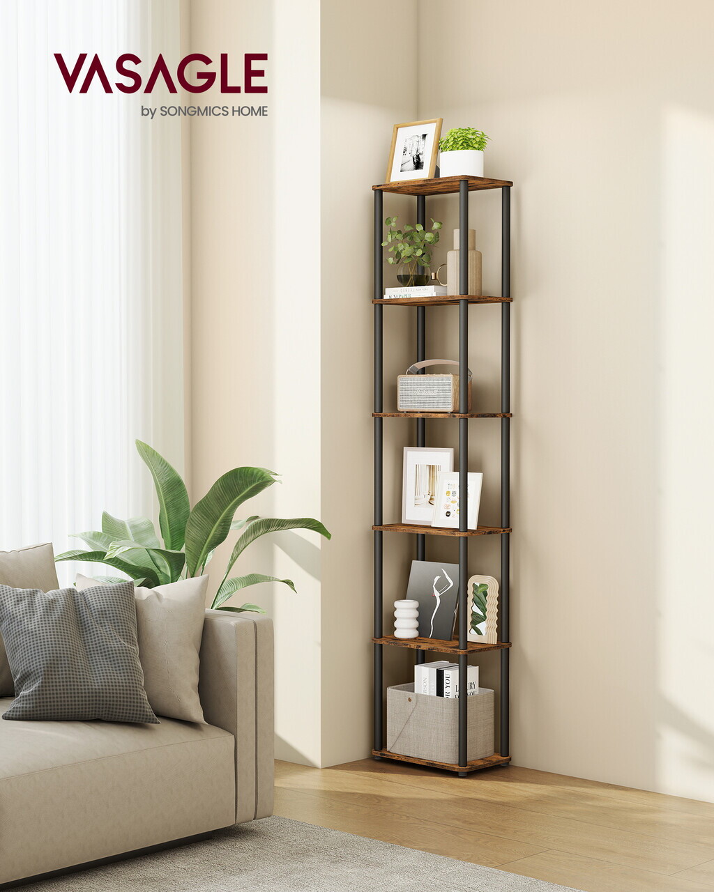 Raft depozitare 6 niveluri, Vasagle, 38x23.8x173.4 cm, PAL/otel, maro/negru - imagine 6